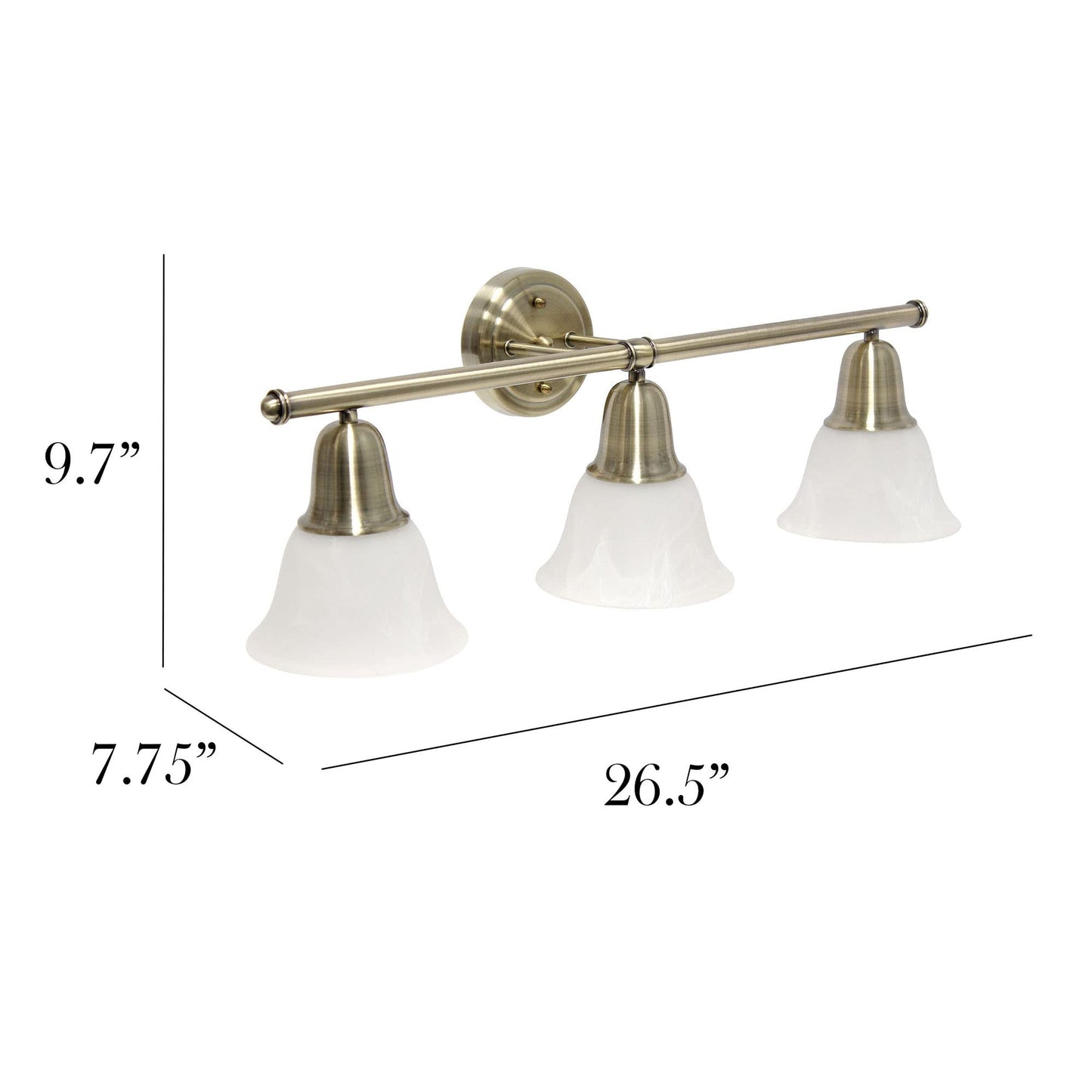 Simple Designs VT1027-ABS 26.5in 3 Light Metal Bar Vanity Fixture, Frosted Marble Glass Shades, Antique Brass
