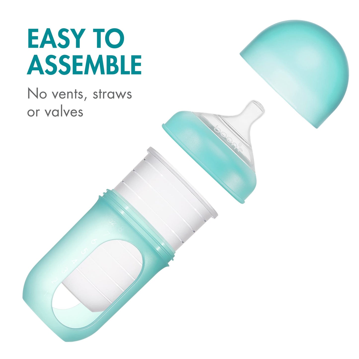 Boon Nursh Reusable Silicone Baby Bottles with Conversion Straw Sippy Cup Lids - Stage 2 Medium Flow Nipples - Blue - 8 Oz - 3 Count