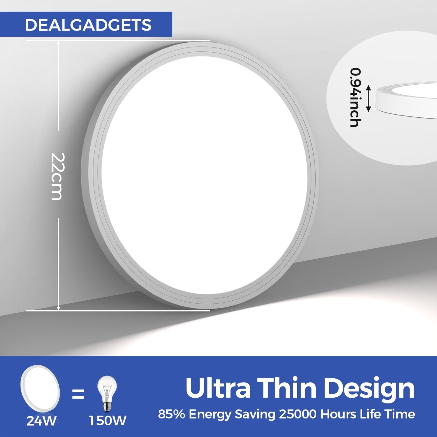 DEALGADGETS Flush Mount Ceiling Light, 24W Ultra Thin Round, 6000K 2200LM, 9Inch, White, 2PCS, Model DJ-XDD