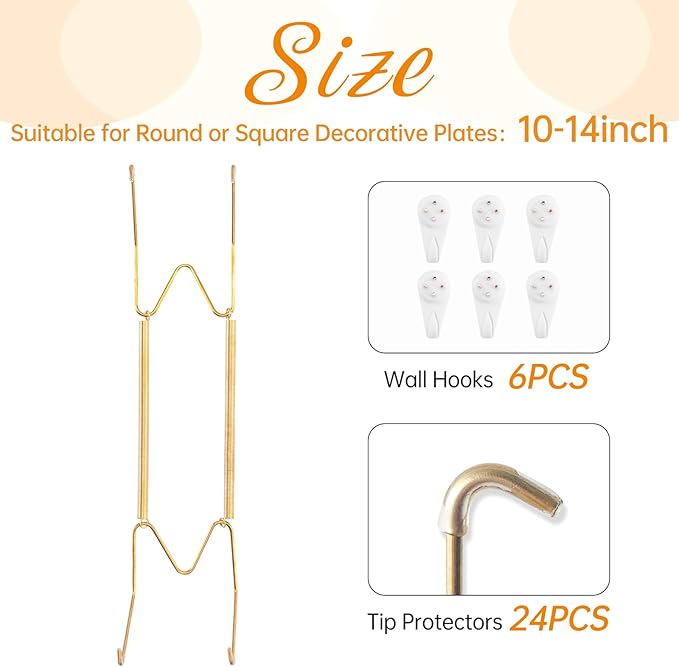 6 Pack Plate Hangers for The Wall, Suitable for 10-14 inch Art Plate, Stainless Steel Invisible Heavy Duty Wire Plate Holder with Wall Hooks, Plate Hangers for Displaying Plates, Platter, Dish, Gold