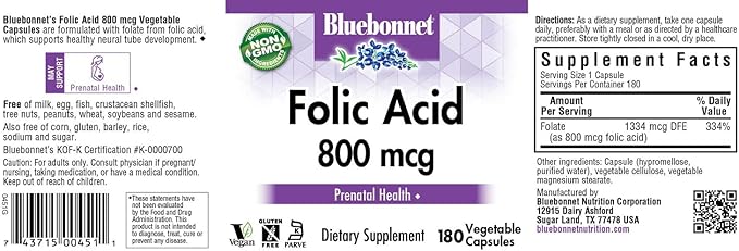 BlueBonnet Nutrition Folic Acid 800mcg, Healthy Neurological Development, Soy, Dairy & Gluten Free, Non-GMO, Kosher Certified, Vegan, Vegetable Capsules, 180 Count