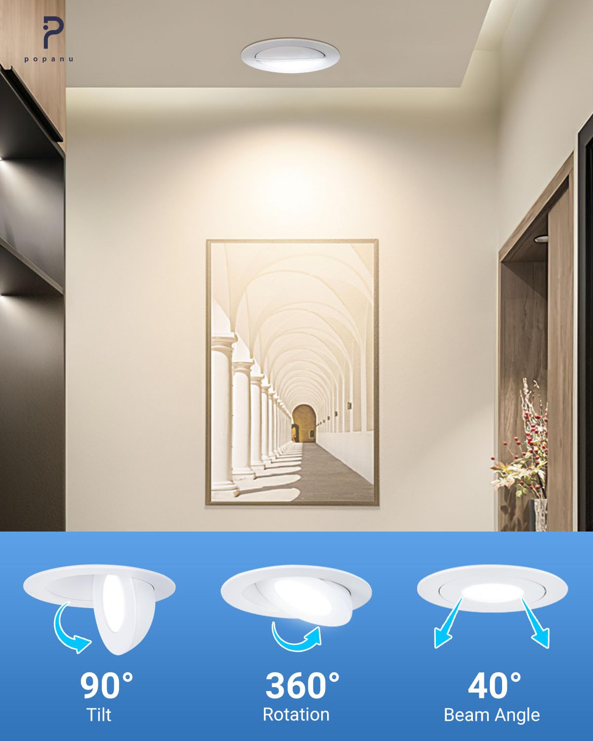Popanu 4 Inch Led Gimbal Recessed Light  9W 750Lm Eyeball Sloped Ceiling Task Lighting  Soffit Wafer Indoor Directional Lighting  90 Tilt And 360 Rotation Recessed Lighting 4 Inch White 12Pack