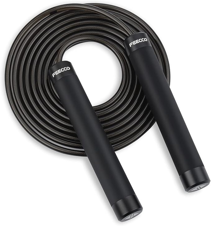 FEECCO 1/2 lb Weighted Jump Rope for Boxing, Cardio, Crossfit Workout, 8~11ft Range Adjustable Length Steel Ropes with Bal...