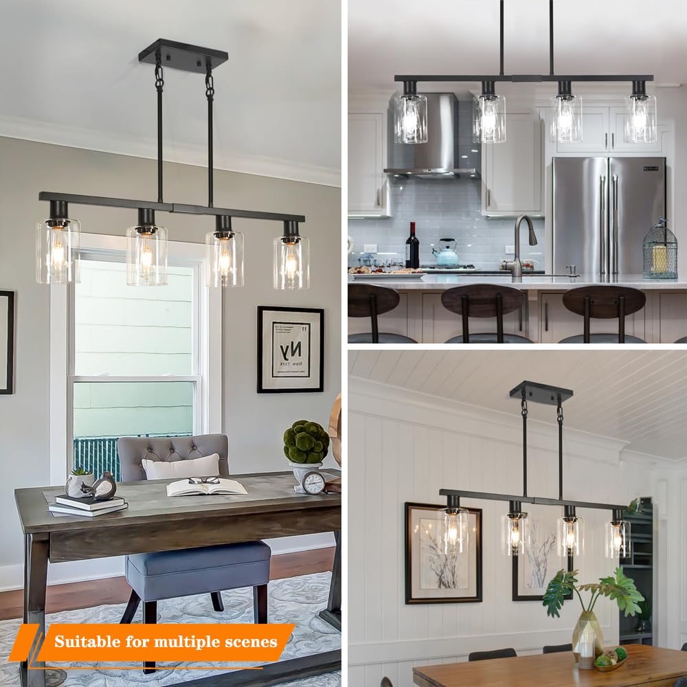 4-Light Kitchen Island Lighting  Black Farmhouse Chandelier With Adjustable Height & Clear Glass Shades  Linear Hanging Dining Room Light Fixture Over Table Bar  Simplicity Island Lights For Kitchen