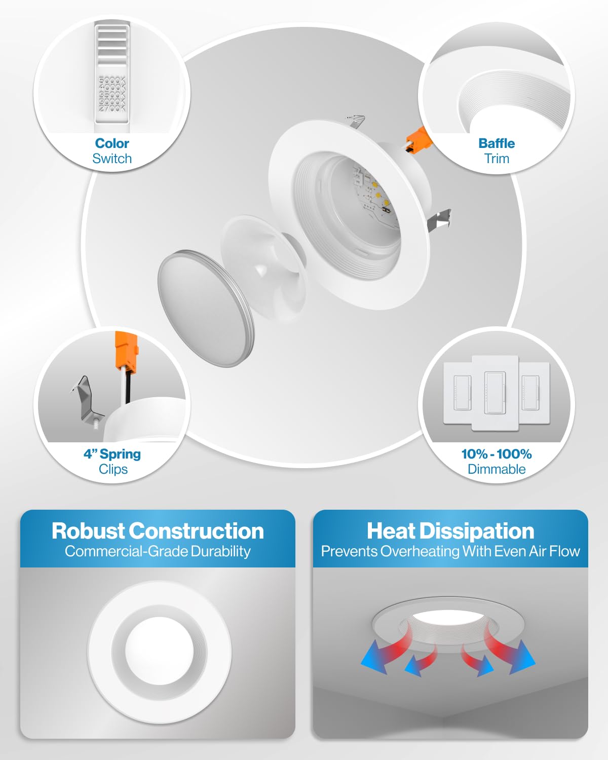 Sunco 6 Pack 4 Inch LED Recessed Lights, Retrofit Can Lighting, 660 LM, 11W (40W Equivalent), Selectable CCT 2700K/3000K/3500K/4000K/5000K, Dimmable, Baffle Trim, Replacement Conversion Kit UL