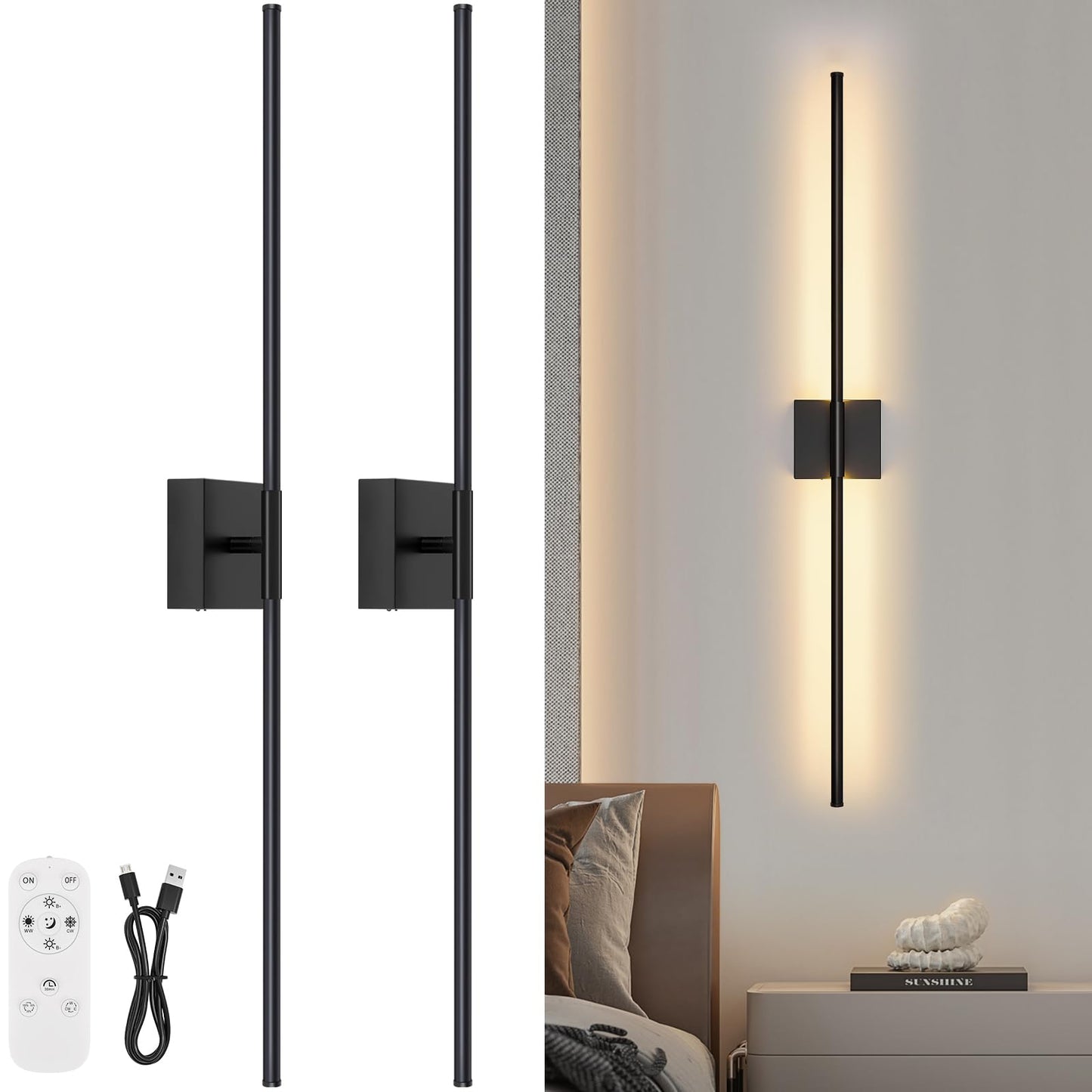 JZEKVN Wall Sconces Set of Two, 39.4in Dimmable Black LED Lights, Battery Operated, 350° Rotation, Model 20241114002