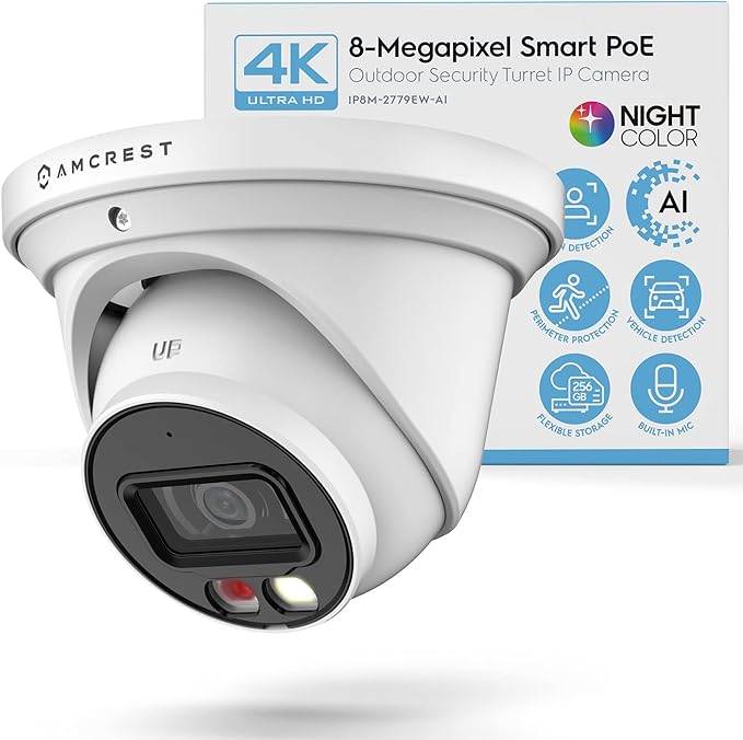 Amcrest UltraHD 4K (8MP) IP PoE AI Camera, 49ft Nightcolor, Security Outdoor Turret Camera, Built-in Microphone, Human Det...