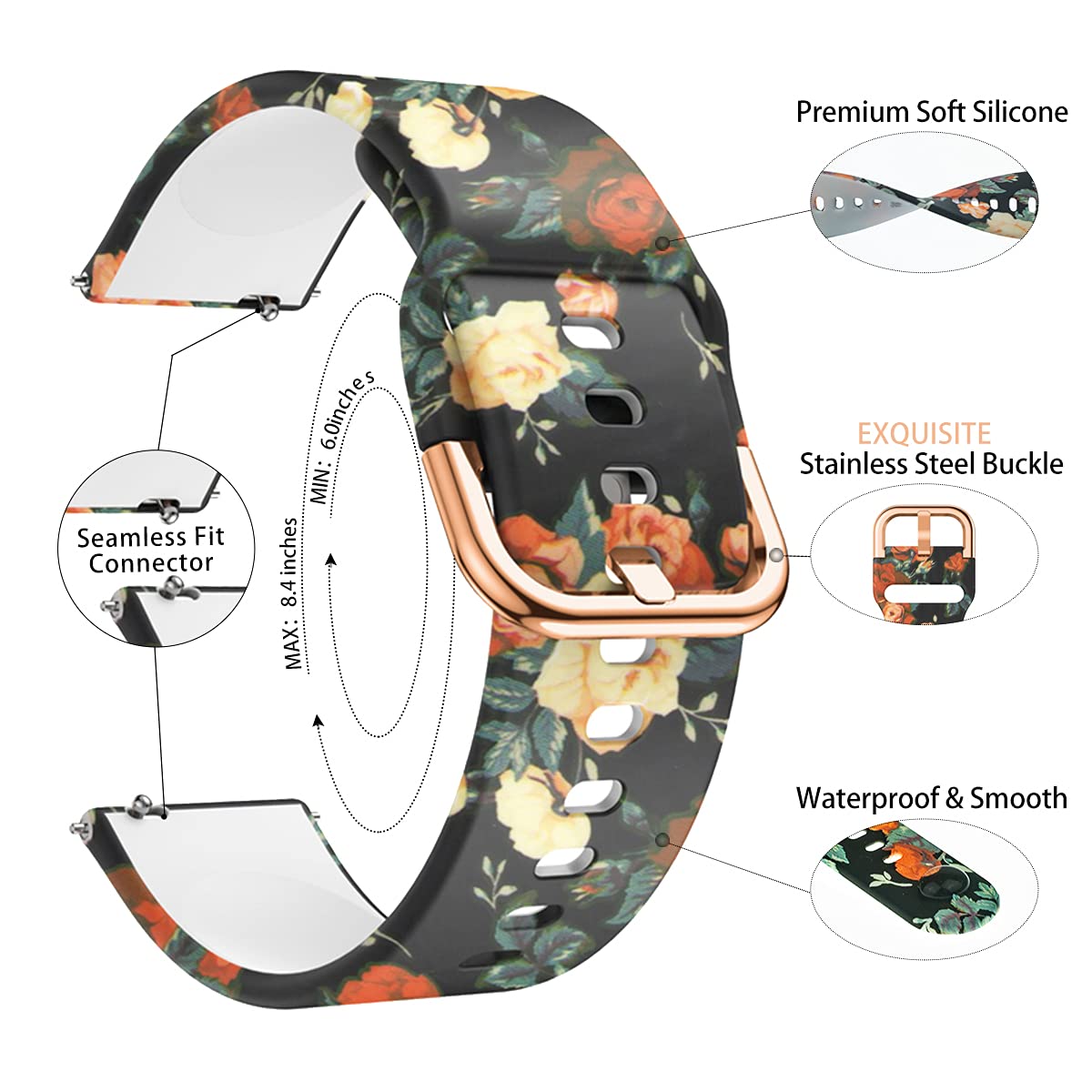 Toolaik 20Mm Silicone Floral Watch Bands, Compatible With Samsung Galaxy Watch 7 6 5 4 Active 2/3/4/5, 40Mm/44Mm Band For Women