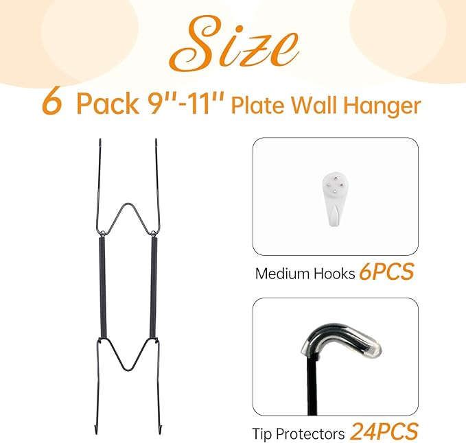 6 Pack Plate Hangers for The Wall, Suitable for 9-11 inch Art Plate, Stainless Steel Invisible Heavy Duty Wire Plate Holder with Wall Hooks, Plate Hangers for Displaying Plates, Platter, Dish, Black