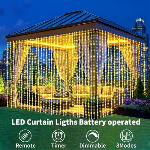 Ryblgled Battery Operated Curtain Lights 300 LED - 10ftx10ft Warm White Battery Power Fairy Curtain String Lights with Rem...