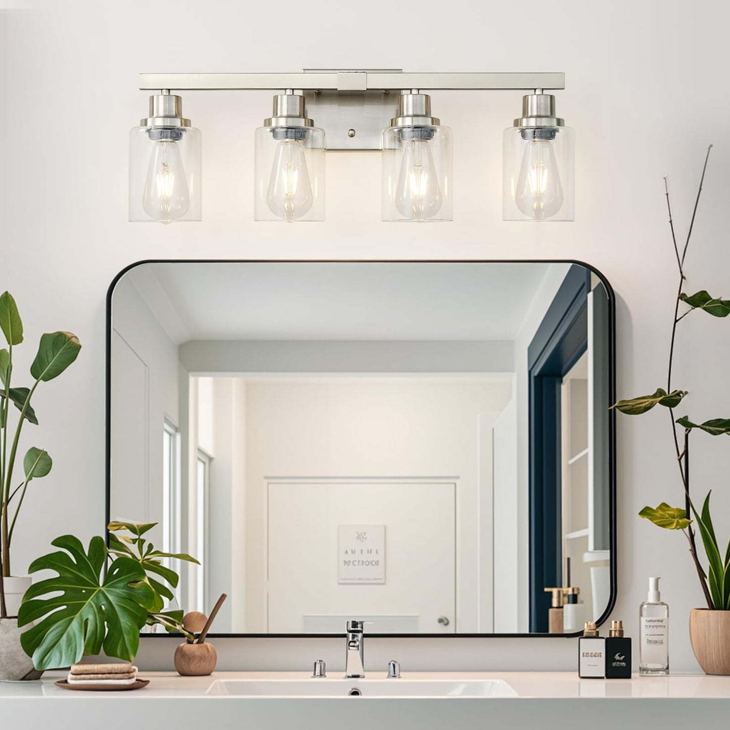 DIKAIDA Bathroom Vanity Light, 4-Light Nickel Modern Matte Wall Sconce Lighting with Clear Glass Shade, Wall Lights,Bath Vintage Wall Mounted Lamps for Mirror Bedroom Living Room