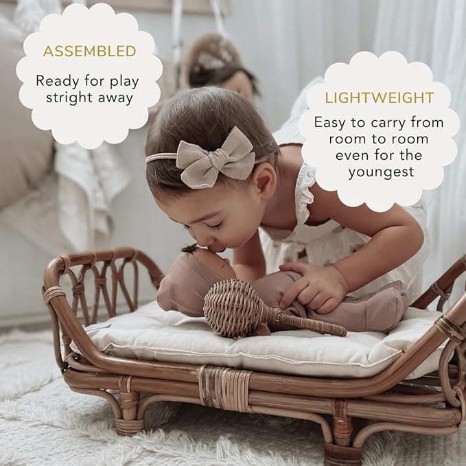 BEBE BASK Small Premium Rattan Baby Doll Bed 17 x 10 x 7,5 in –Handcrafted & Award-Winning - Perfect First Wooden Doll Bed - Luxe Mattress (Small)