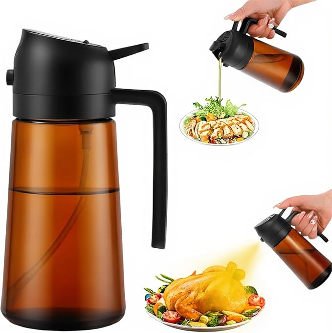 Aovdy 16oz/470ml Glass Oil Dispenser & Sprayer - Leakproof Oil Sprayer Bottle for Kitchen Cooking Air Fryer BBQ Baking Salad (Dark Brown)