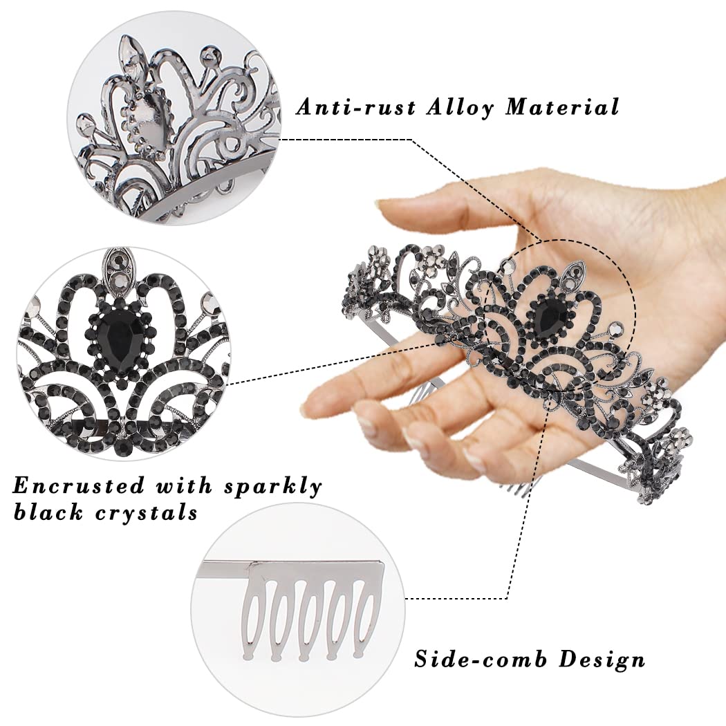 CURASA Black Crystal Crown Tiara with Combs - Pretty Tiaras for Women, Girls & Prom Party