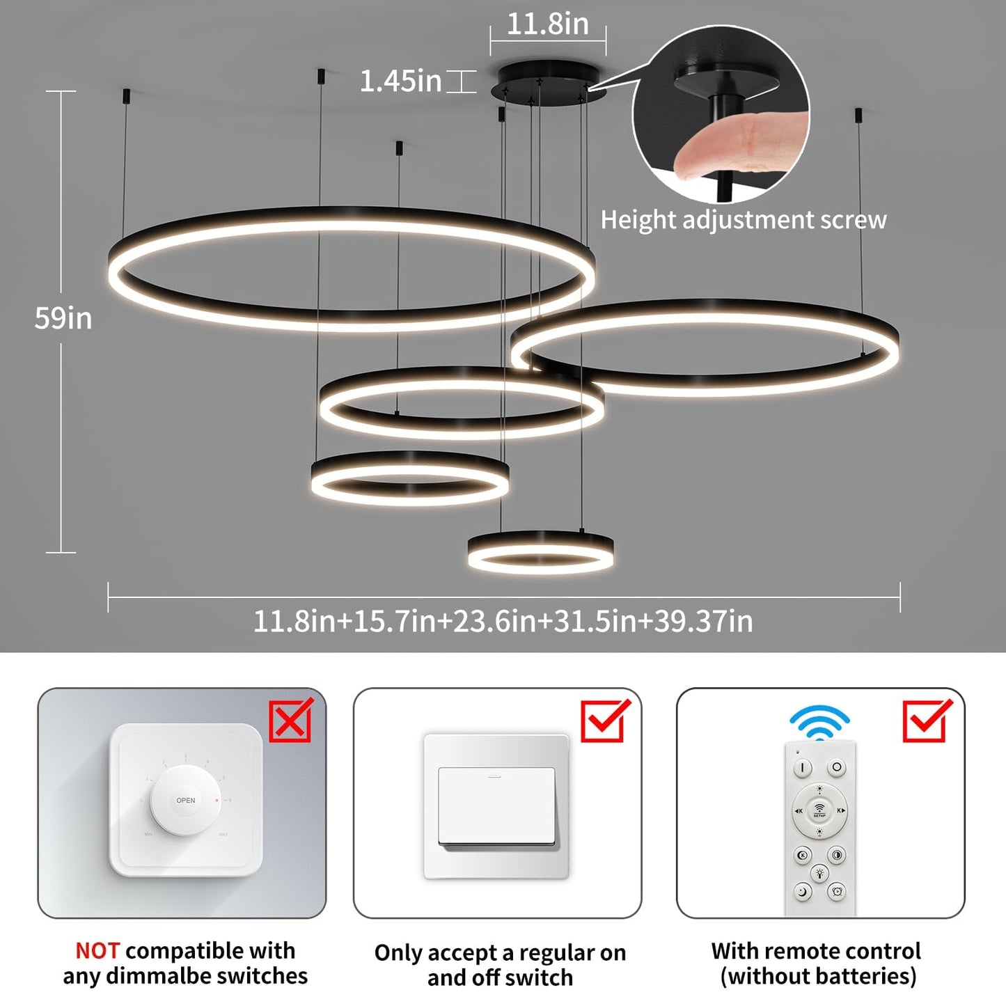 Mikeru Modern LED Chandelier Light, Adjustable 3000K-6500K, 5 Rings, Aluminum, 39.5IN, A-Black, Model DK-346810