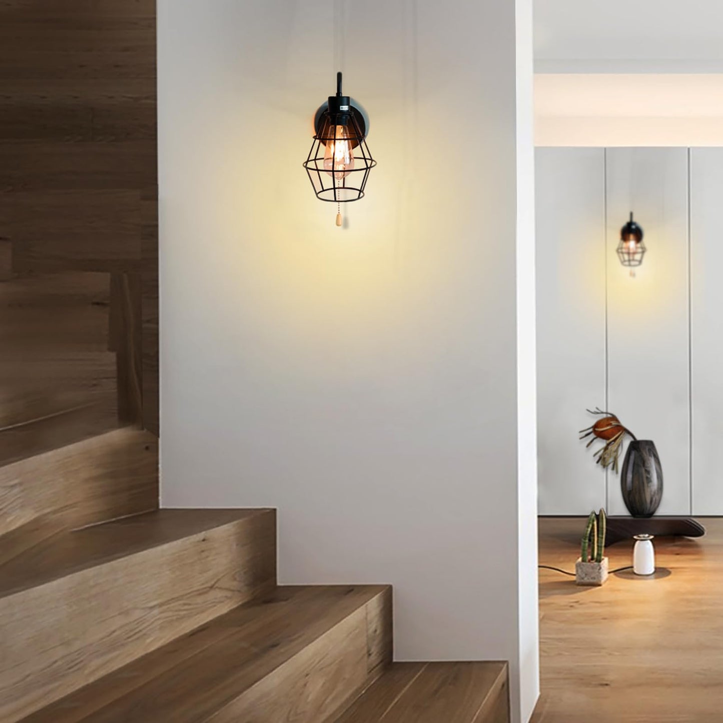 Dtiedy Pull Chain Wall Sconce  Wire Cage Wall Light Fixtures With On Off Switch  E26 Hardwired Black Metal Farmhouse Vintage Wall Lighting Indoor For Bedroom Living Room Kitchen (1-Light  No Bulb)