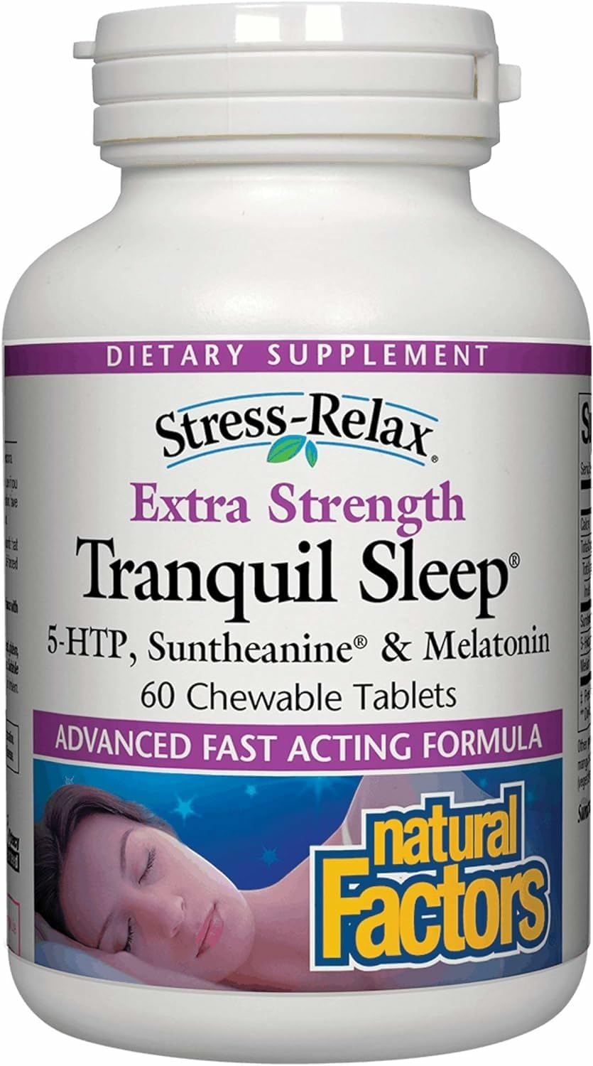 Natural Factors Tranquil Sleep Extra Strength - Calm Sleep Health Supplement - Relaxation Support Supplement with Melatonin & 5-HTP - 60 Chewable Tablets (60 Servings)
