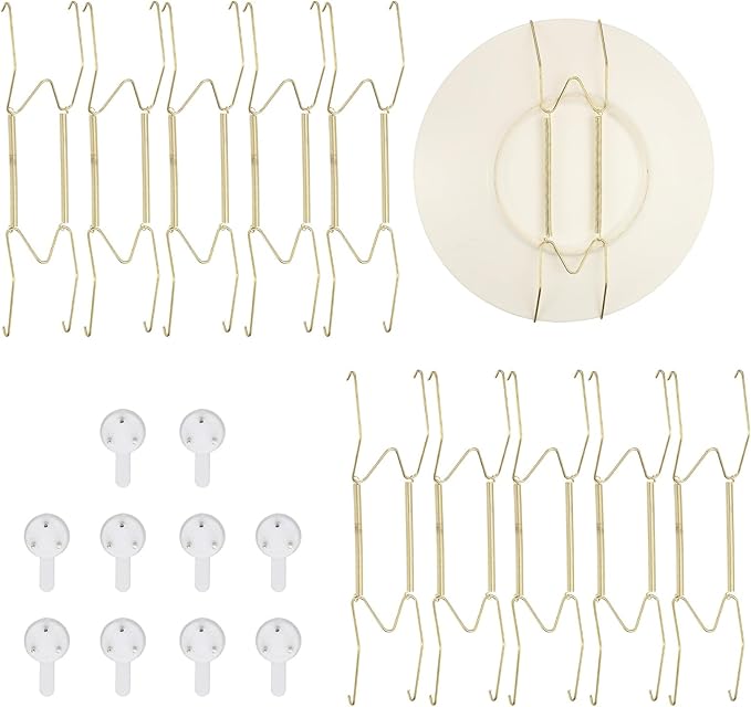 uxcell 10pcs Plate Hanger, 10 Inches Universal Stainless Steel Invisible Plate Hangers for The Wall W-Shaped Holder with Traceless Nail for Decorations, Golden