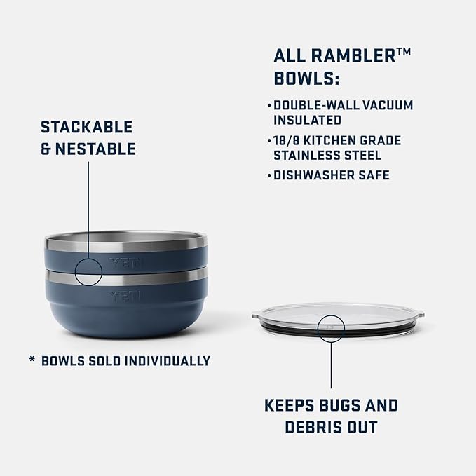 YETI Rambler Low Bowl, Vacuum Insulated, Stackable and Nestable Stainless Steel Bowl with Lid, 1.6 Quart, White