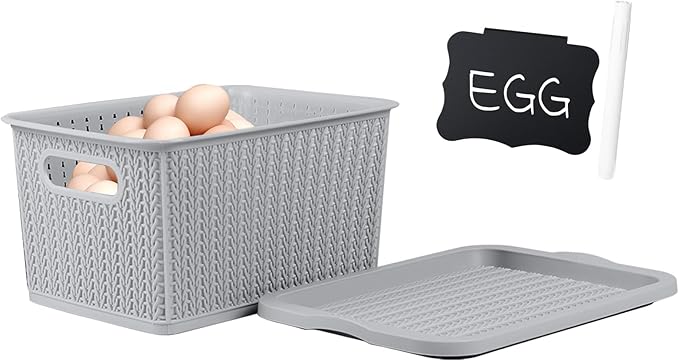 Egg Collecting Basket,Fresh Egg Holder Countertop with Lid,Farmhouse Weave Chicken Eggs Baskets,Large Capacity Eggs Gathering Storage,Plastic Storage Box with Handle Pantry Kitchen Organizer