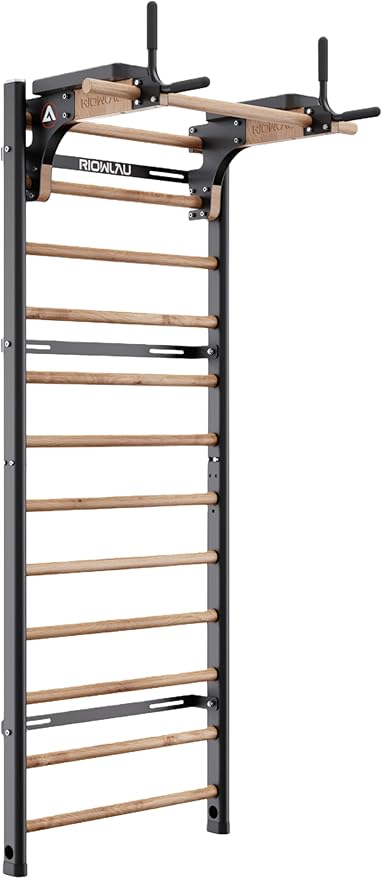 Swedish Ladder Pro, Wood Stall Bar with Push-Through Bar, Adjustable Pull-Up Dip Bar for Adults and Kids, Accessories Bund...