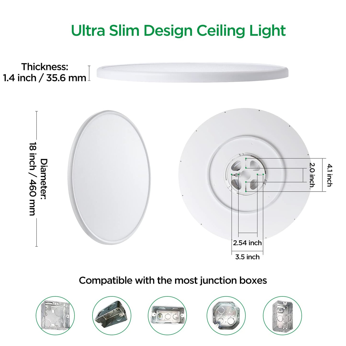 Taloya 18 Inch Flush Mount Led Ceiling Light, Dimmable, 5 Color Temp Settings, Ultra Slim, White, Model 8304