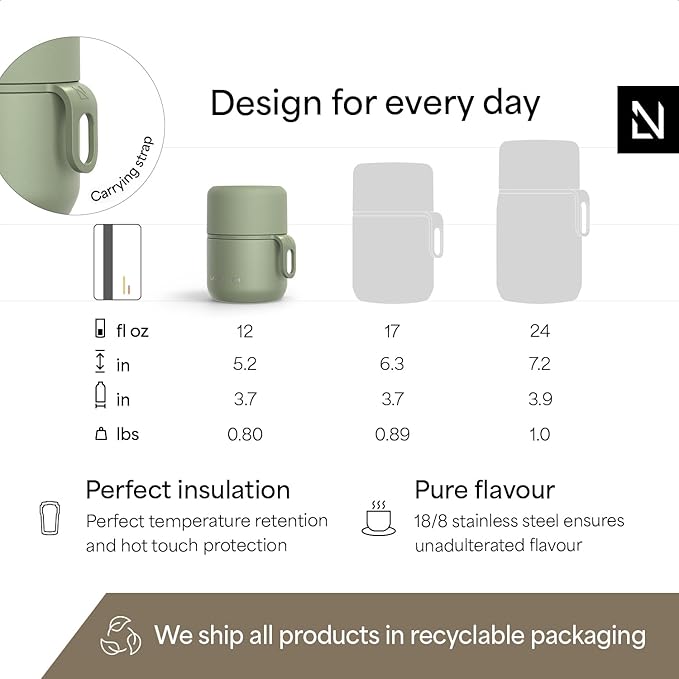 LARS NYSØM Stainless Steel Vacuum Insulated Food Jar - Leakproof Lunch Pot & Lunch Jar for Hot and Cold Food, Wide Mouth, Portable Soup Container for Work & Travel (Sage Green, 12oz)