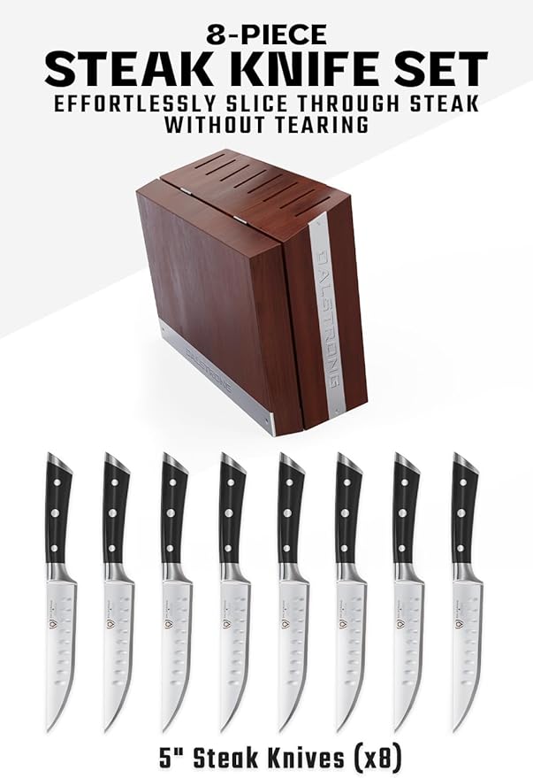 Dalstrong Steak Knife Set - 8 Piece - 5 inch Straight Edge Blade - Gladiator Series Elite - Forged High-Carbon German Steel Dinner Kitchen Knife - Black G10 Handle - Folding Block Set - NSF Certified