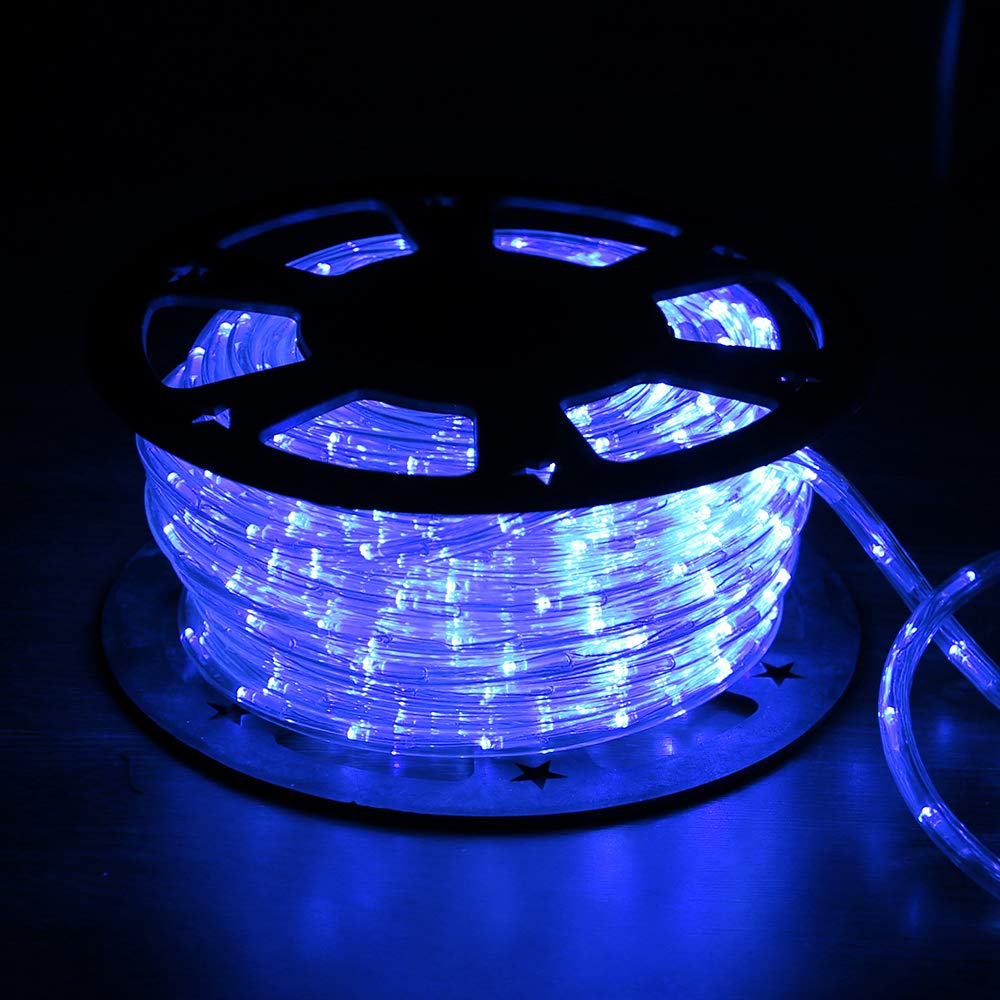 DINGFU 50ft 360 LED Waterproof Rope Lights, Blue, PVC Tube & Copper Wire, Model MHH077, Indoor/Outdoor Use