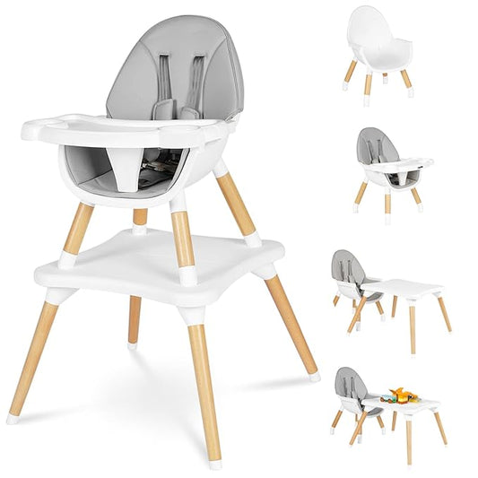 6 in 1 High Chair for Babies & Toddlers, Convertible Wooden Baby Highchair, Table and Chair Set, Baby Feeding Chair, 5-Point Adjustable Harness/4-Position Removable Tray& PU Seat Cushion(Grey)