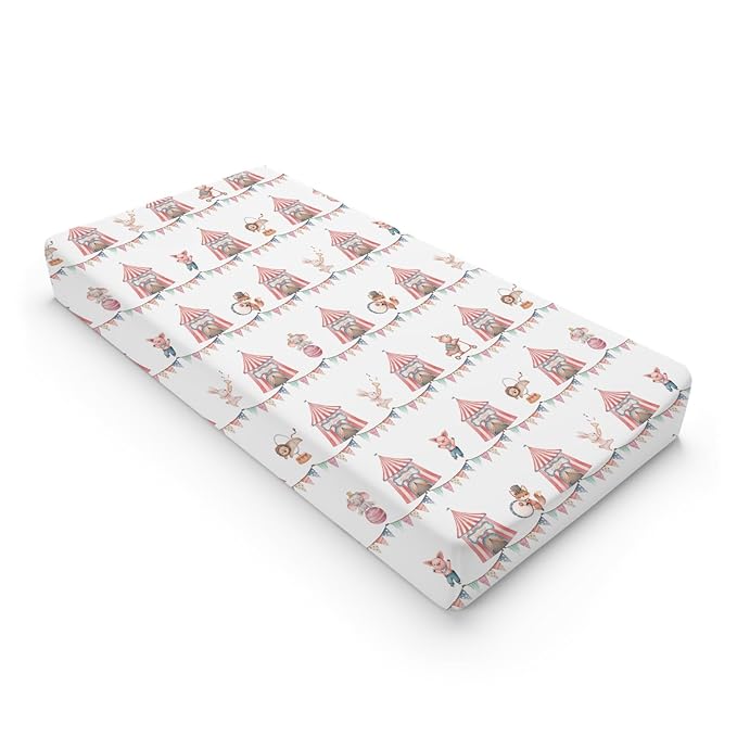 Watercolor Circus Animals Changing Pad Cover Cartoon Bear Lion Fox Bunny Elephant Pig Baby Diaper Change Table Sheets for Boy Girl Soft Stretchy Snug Fitted Changing Table Pad Mats 32''x16''