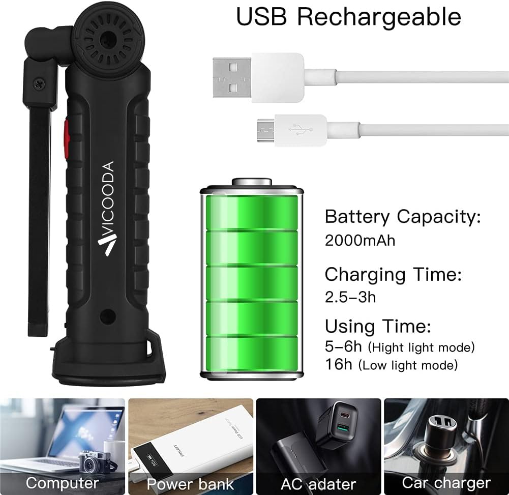 VICOODA LED Rechargeable Work Light with Magnetic Base, Hanging Hook, 360° Rotate, 5 Modes, USB Portable Mechanic Light for Car Repair, Grill, Outdoor, Emergency, Tight Spaces (4 Pack)