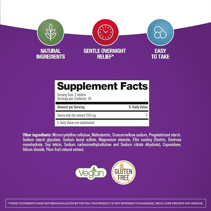 Prunelax Ciruelax Maximum Relief Laxative Tablets with Natural Senna for Occasional Constipation, Senna Extract, Vegan & Gluten-Free, Gentle Overnight Relief - 100ct