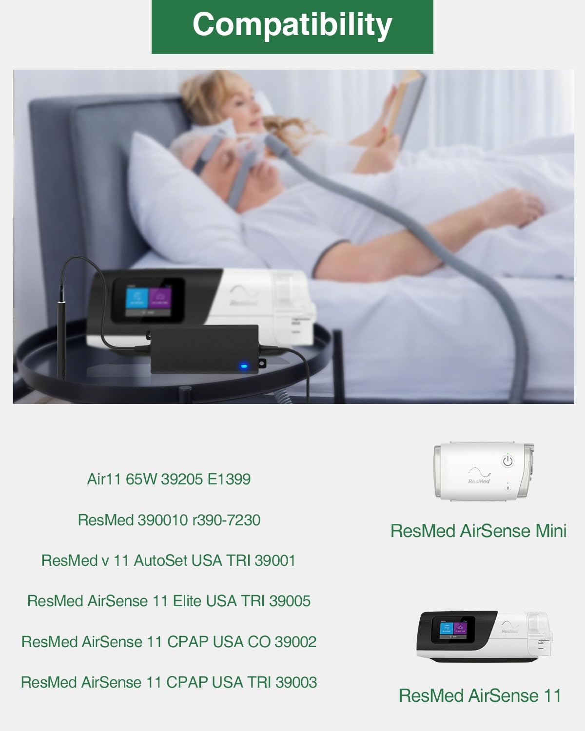 CPAP Machines Power Cord - 24V 65W Charger for ResMed Airsense 11 Air11 S11 AirMini AutoSet Elite 39205 E1399, 【20V PD 100W USB-C Port Converter to 24 Volt CPAP Port】