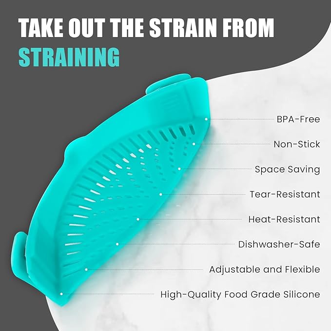 Clip On Kitchen Food Strainer for Spaghetti, Meat, Pasta, & Ground Beef Grease, Colander & Sieve Snaps or Clips Onto Bowls, Pots & Pans Includes Silicone Drainer, Brush & Garlic Peeler (Aqua)