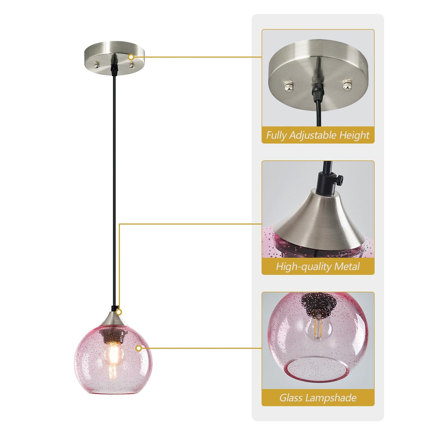 Lbsqj Pink Glass Pendant Lights Kitchen Island Globe Pendant Light Fixtures Modern Pendant Lighting For Bedroom Living Dining Room Light Fixture (5.9 In  1 Pack)