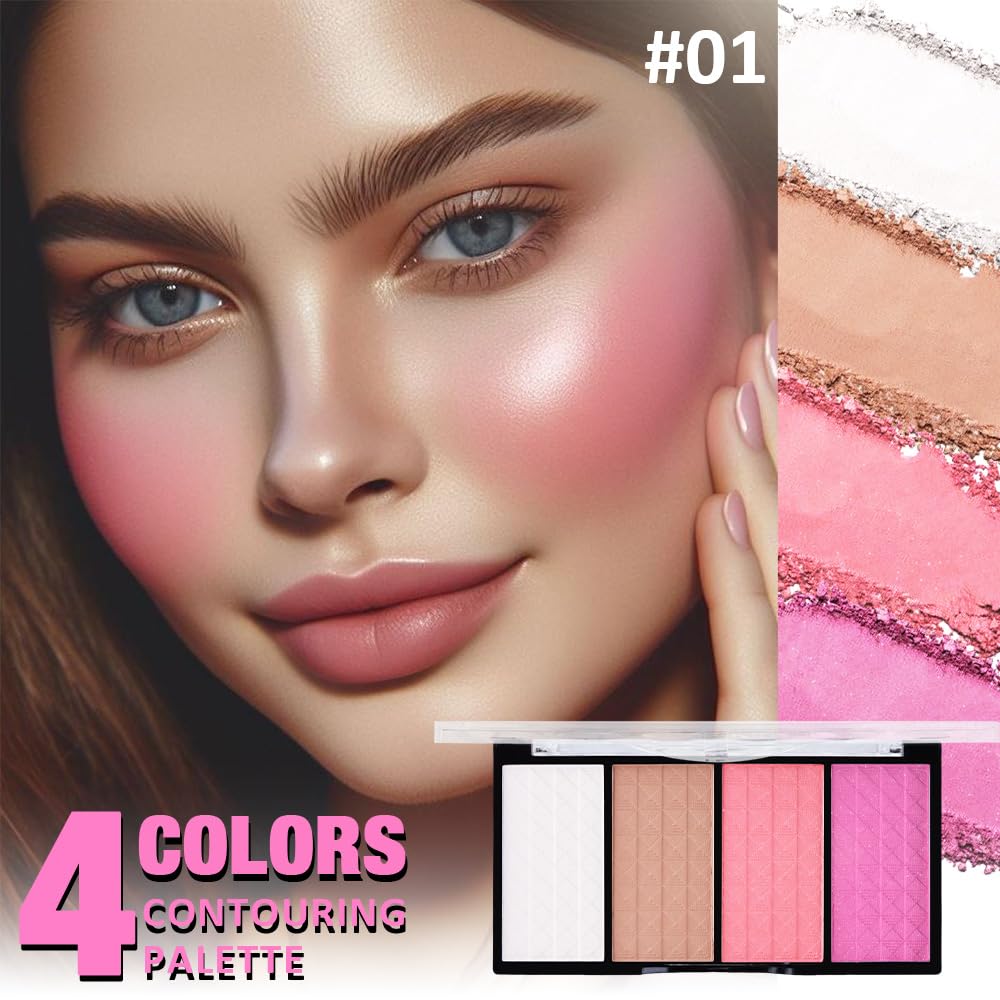 HHLTOH Matte Powder Blush Palette, 4 Colors Face Palette with White Highlighter, Brown Contour, Pink & Rose Pink Blush for Cheek