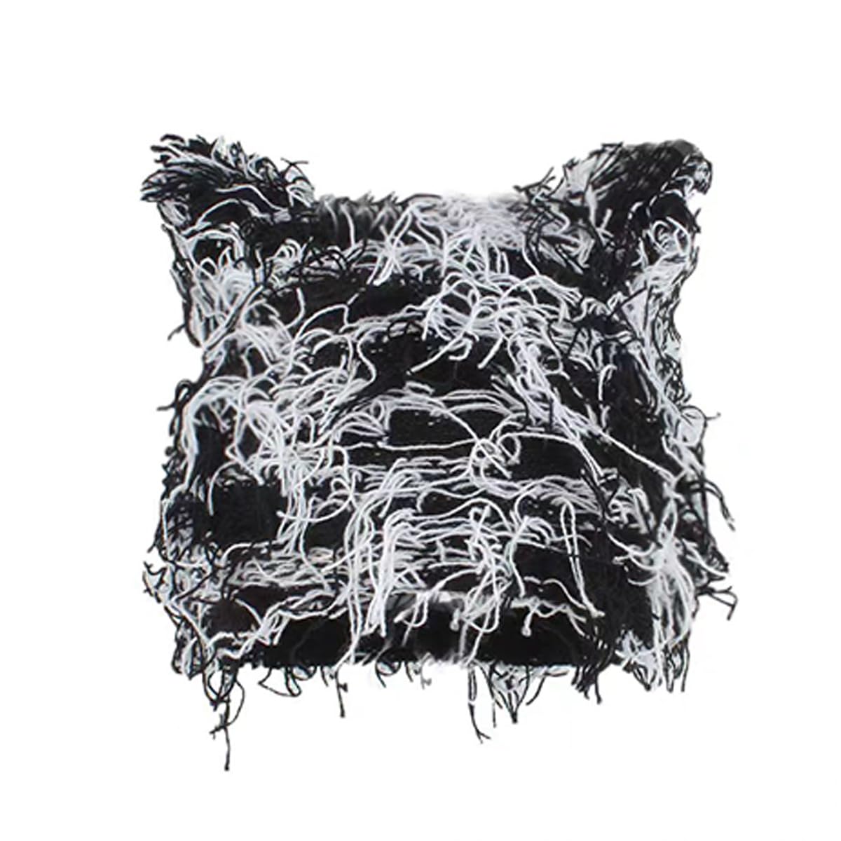 Distressed Knitted Beanie Cat Ear Design Fuzzy Skull Cap Thick Warm Y2k Beanie Cap for Women Men (Black&White)