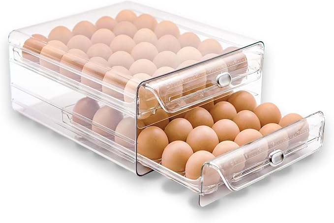 Egg Holder for Refrigerator,60 Eggs Clear Drawer Organizer,2 Layer Stackable Egg Holder Egg Trays,Egg Storage Container with Time Scale for Fridge Countertop Cabinet
