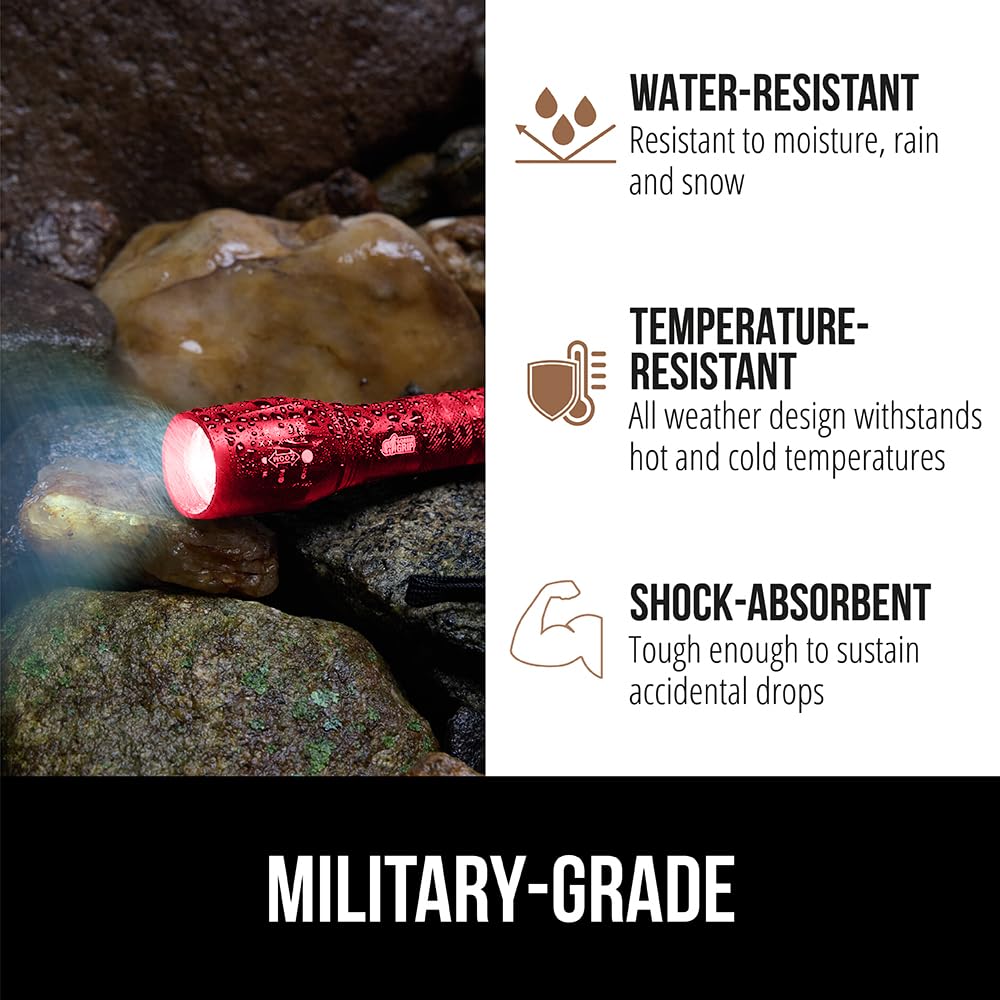 Gorilla Grip LED Tactical Handheld Flashlight, 750 FT Zoom, 5 Modes, Water Resistant, Metal, Red, Model 840029684887