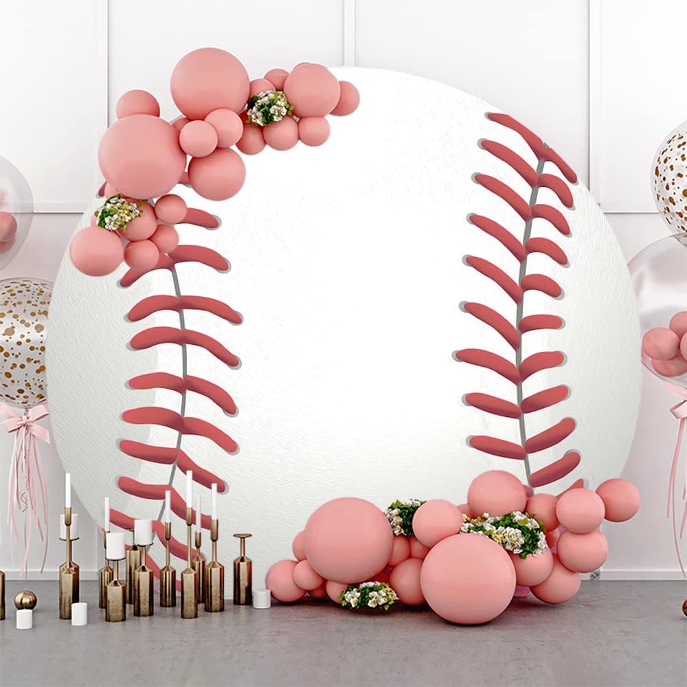 Leyiyi 4x4ft Baseball Birthday Round Backdrop Cover Polyester Sports Baseball for Boys Kids Birthday Party Red White Photography Background Newborn Gender Reveal Party Cake Table Banner Decoration