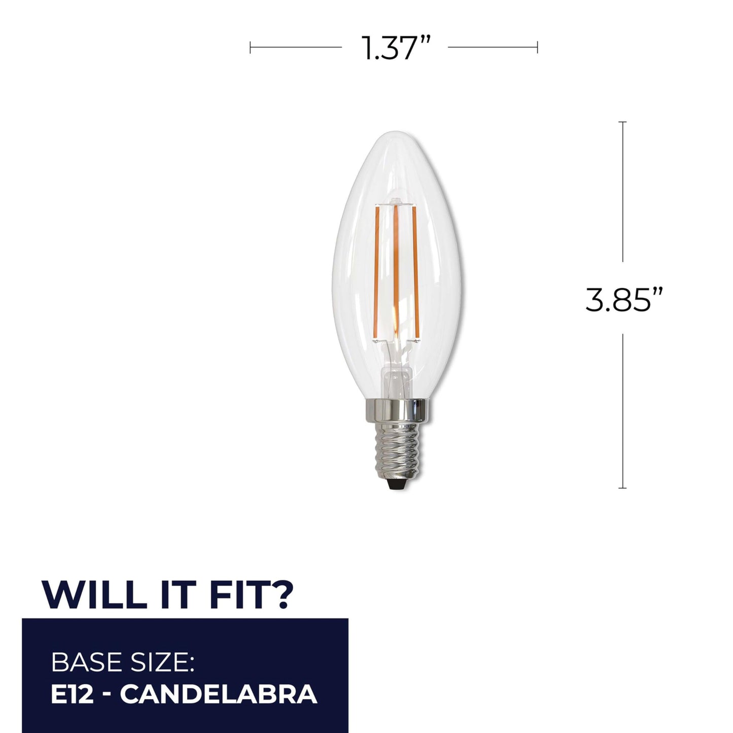 Bulbrite 5W B11 LED Filament Light Bulb, E12 Candelabra Base, 2700K, 500 Lumens, 60W Equivalent, Clear, 4 Pack