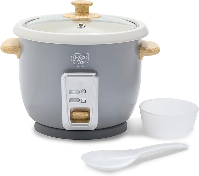 GreenLife Rice Cooker with Removable PFAS-Free Nonstick Pot, 3-Cups Uncooked/6-Cups Cooked, One-Switch Design, Auto Keep Warm Function, Soup, Grains, Oatmeal, Wood Handle, Gray