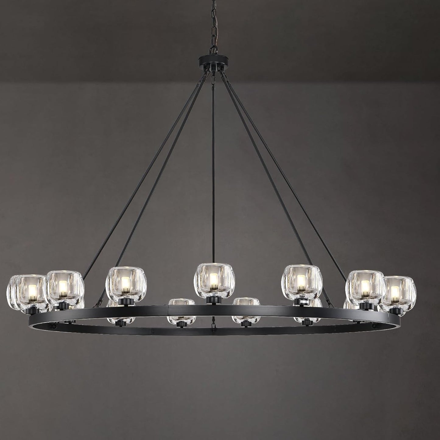 Black Wagon Wheel Chandelier, 59 Inch Black Chandeliers with Unique Glass Shade, 15-Light Crystal Large Wagon Wheel Chandeliers for Dining Room, High Ceiling Round Chandelier for Living Room, Foyer