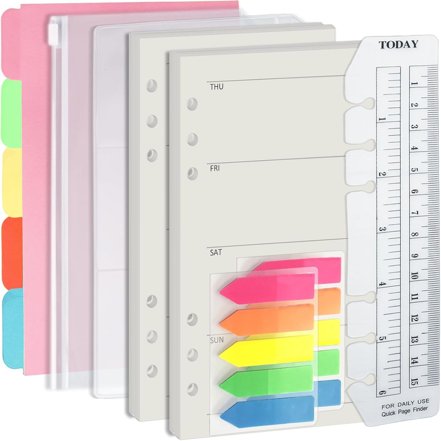 Harphia A6 6 Holes Binder Refill Set, 90Sheets Weekly Planner Insert, 5 Sheets Divider Paper, Today ruler With Inch, Translucent Zipper Bag, Pvc Card Bag, 200Pcs Colorful Index Stickers 005Da6Week