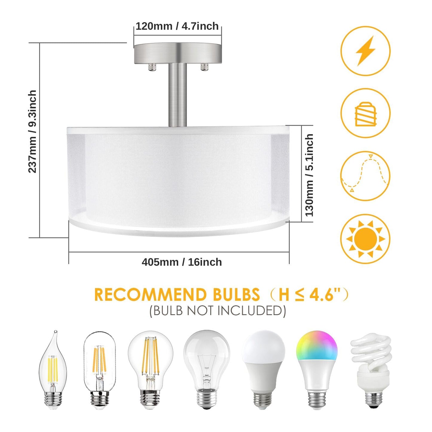 FOLKSMATE 3-Light Semi Flush Mount Ceiling Light Fixture, 16 Inch, White, Iron and Fabric, Model aeb9981f-cb92-4f8b-864