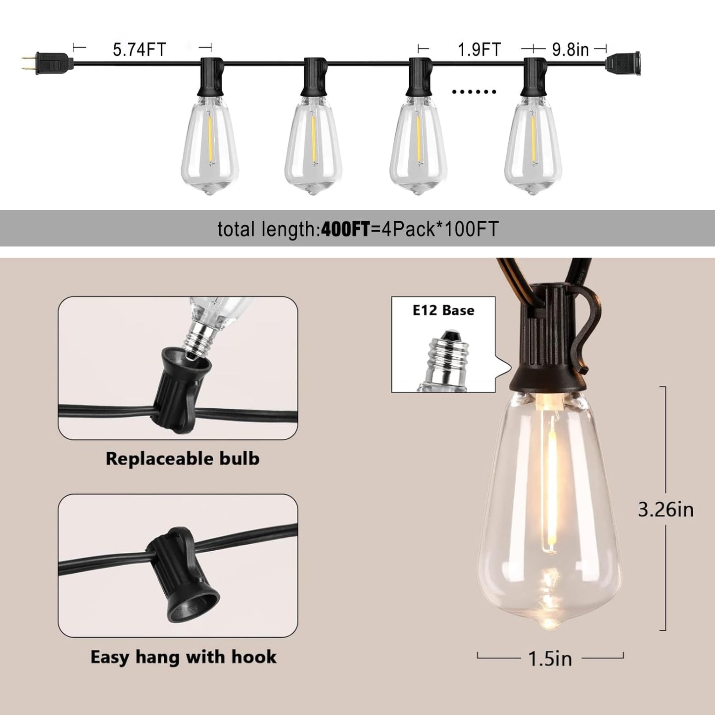 Meidaoduo LED Outdoor Edison String Lights 400FT 200+8 ST38 Bulbs Waterproof Black Plastic Connectable for Patio Garden