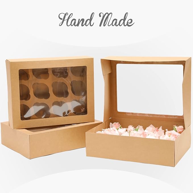 Bakepacker 12 Cupcake Containers 12-Packs Brown Cupcake Box Cupcakes Carrier, 12 Cupcake Boxes with Window 13"x10"x3.5"（Auto-pop up）