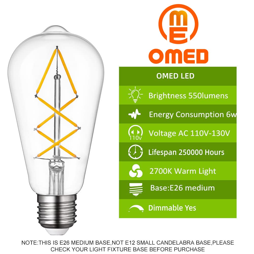 OMED E26 LED Edison Bulb 60W Clear Glass 2700K Warm White Dimmable Pack of 6 Retro Farmhouse Light Bulbs