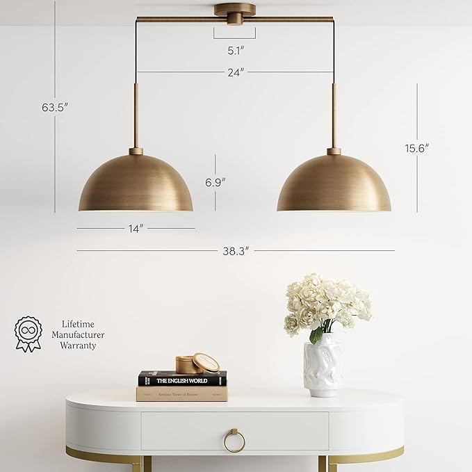 Nathan James Percy Modern 2-Light Pendant Island Light Fixture, Brass Hanging Lights with Gold Metal Shade and Adjustable Cord, for Kitchen, Living Room, Vintage Brass, Set of 2